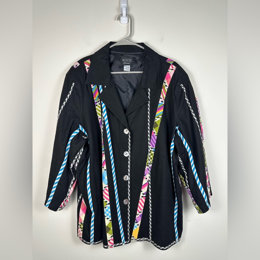 Koos of Course Blazer Women 2X Black Multi Color Reversible Linen Art‎ to Wear